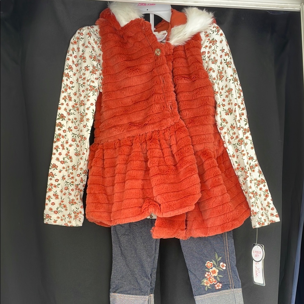 Girls' Floral Top and Orange Vest Set